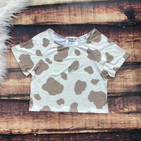 RELISTED Cow Print Crop Top Tan Tee Shirt - Picture 5 of 7